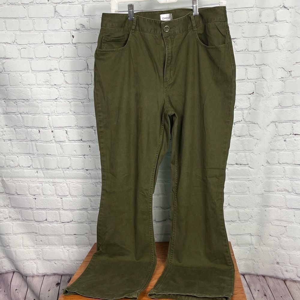 Chico's Women's Wide Leg Flare Casual Chino Pants sz 12 Olive Green sparkles